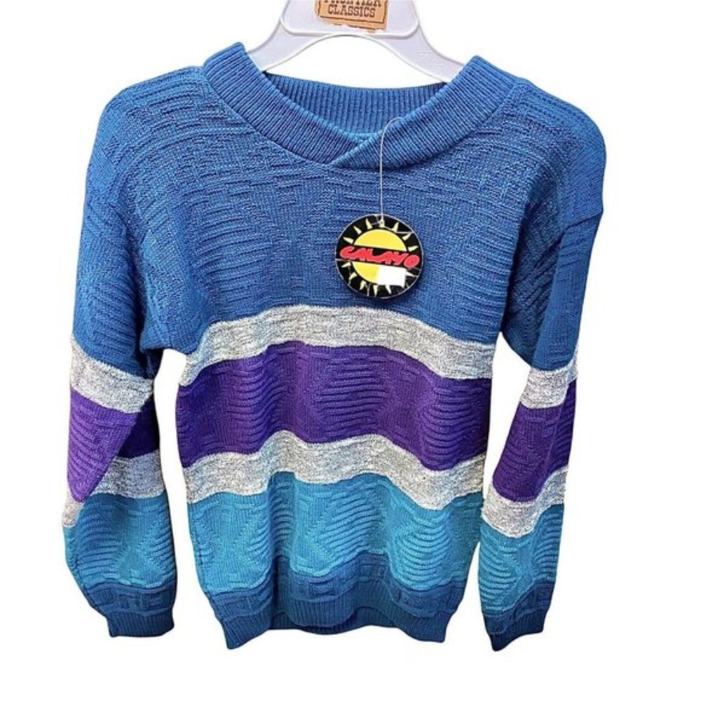 NWT Vintage Sweater Calayo Blue Gray Purple Striped Size Medium